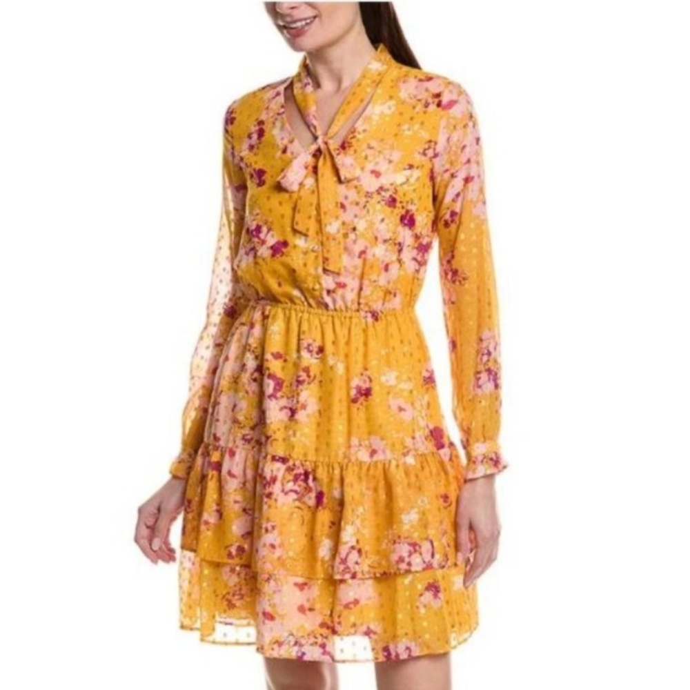 Nanette Lepore Floral Mango Mojito Ruffle Bow Gold Yellow Dress New With…